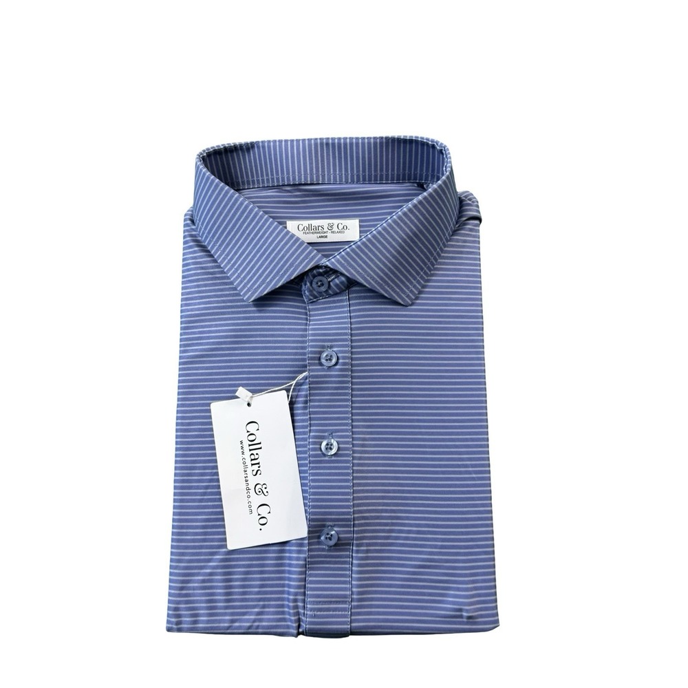 Collars & Co Mens Featherweight Relaxed Dress Collar Polo Blue Gray Striped L
